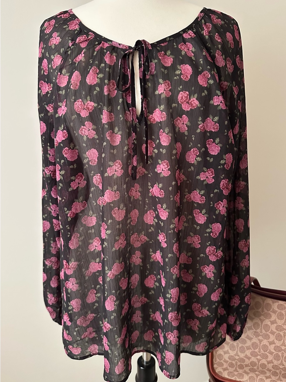 Sheer Black Floral Tie-Neck Blouse - Pink Rose Print